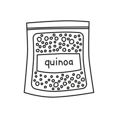 Cute hand drawn outline quinoa mix in packet isolated on white background. Hand written text. Plant based protein.
