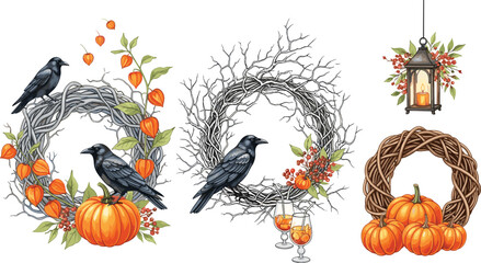 Fototapeta premium Autumnal Wreath and Raven Illustrations Spooky Halloween Decor Elements with Pumpkins and Lanterns