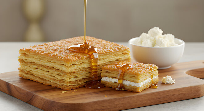 Traditional Egyptian feteer meshaltet pastry with honey and cheese, styled in rustic bakery setting