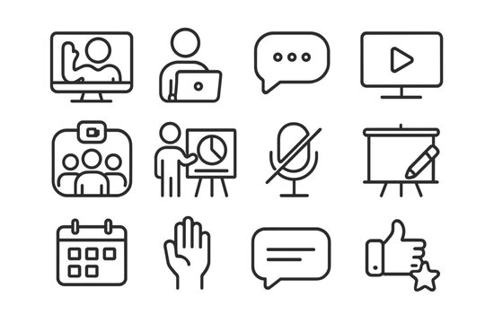 Virtual Classroom Icons. Line style icons of virtual classroom elements: teacher on screen, student with laptop, chat bubble,