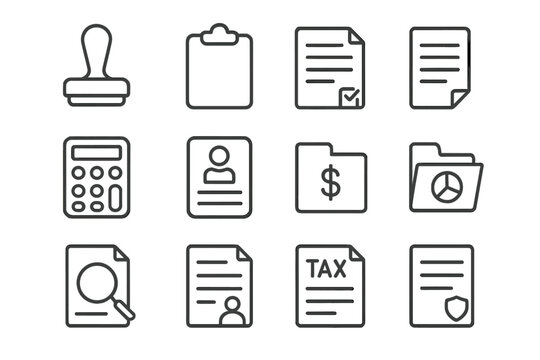 Administrative Icons Set. Line style icons of administrative tools: stamp icon, clipboard, approval form, memo sheet; calculator,