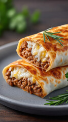 Cheesy ground beef burritos with rosemary garnish on a gray plate