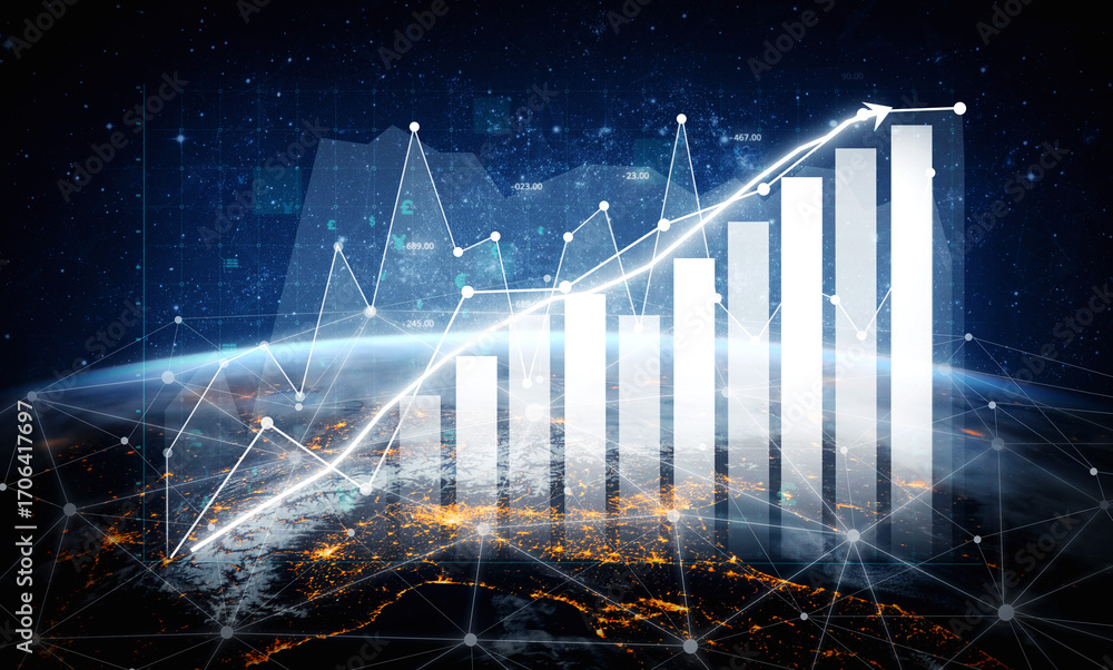Poster this image depicts a futuristic data visualization of business growth represented by charts and grap