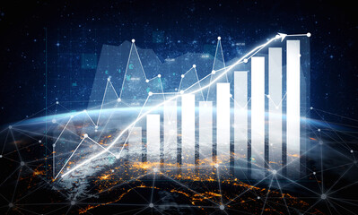 This image depicts a futuristic data visualization of business growth represented by charts and graphs over a view of Earth, emphasizing progress. Impute