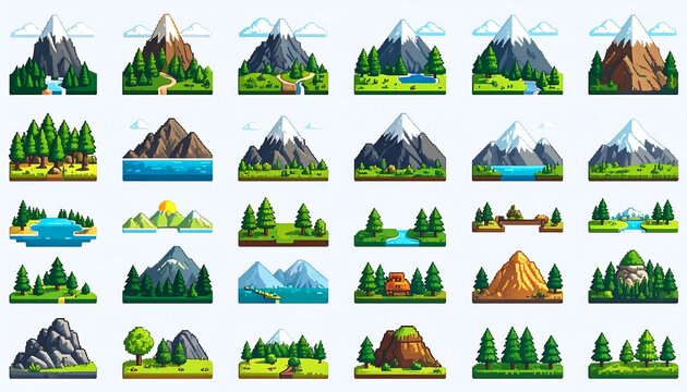 Pixel art collection of diverse landscape scenes