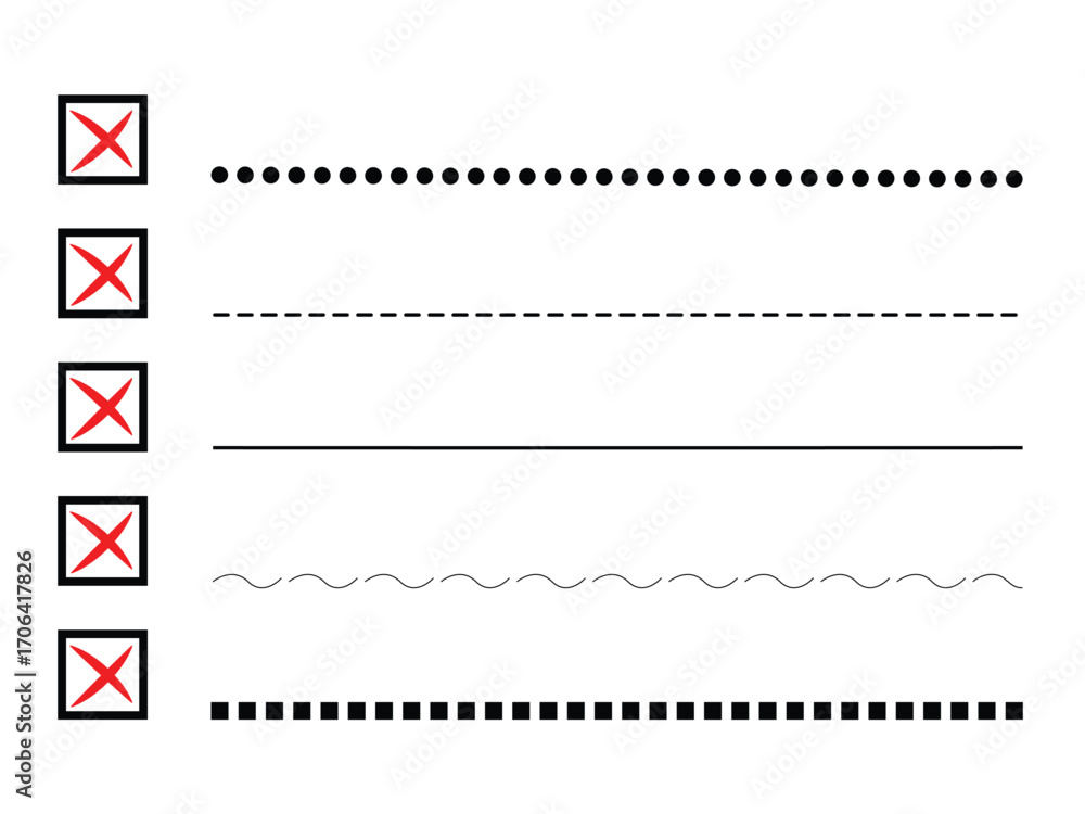 Poster collection of different line styles including dotted dashed solid wavy lines and checkboxes with red