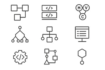 Code Architecture Icons. Line style icons of code architecture: modular box, code layers, MVC pattern, dependency tree; service