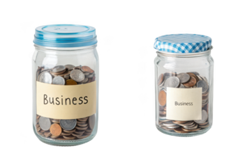 Two glass jars filled with coins, one labeled business, isolated on transparent background