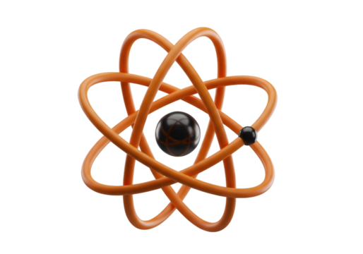 Abstract atomic model symbol featuring orange orbital paths and a dark central nucleus on black Tansparent Background