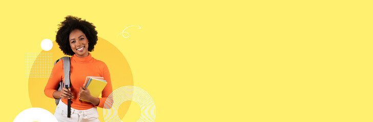 A confident student stands in a vibrant learning environment, holding books and a backpack. The cheerful yellow background enhances the joyful atmosphere of education and growth.