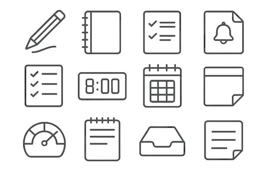 Writing Tools Icons. Line style icons of writing and scheduling tools: pencil mark, notebook icon, task tracker, reminder tab;