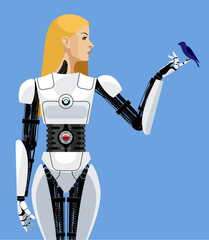 A beautiful blonde biorobot girl with a bird sitting on her finger on a blue background. Vector realistic illustration in flat style