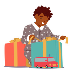 Happy little boy child cartoon character opening gifts wrapped boxes isolated on white background