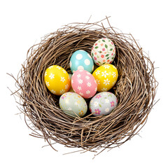 Fototapeta premium A cozy bird's nest filled with beautifully decorated Easter eggs, perfect for spring celebrations and holiday traditions