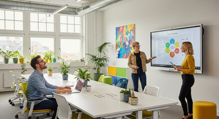 Obraz premium Brainstorming Session Professionals Collaborating on a Project in a Bright Office