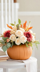 Whimsical autumn floral centerpiece in a pumpkin vase for festive decor