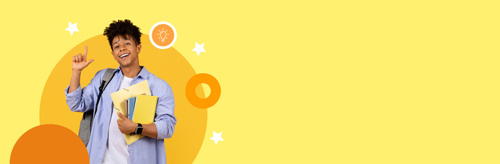 A young student smiles while holding educational materials, expressing enthusiasm for studying. The colorful backdrop enhances the modern learning atmosphere, promoting creativity and knowledge.