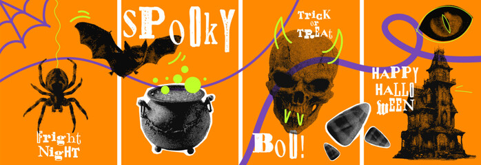 Bright halloween poster design with spooky halftone grunge background featuring skulls bats spiders and haunted house