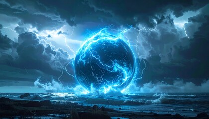 A glowing blue sphere with electrical energy floats amidst a stormy sky over a dark coastline with crashing waves