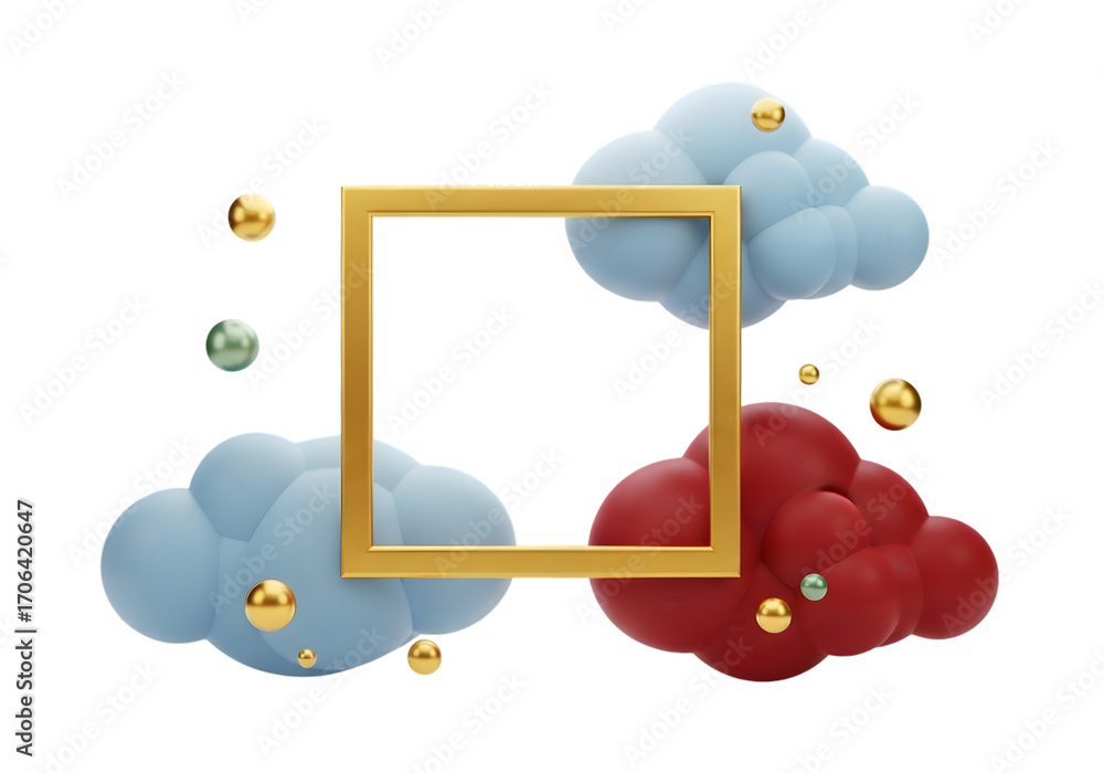 Poster golden square frame surrounded by fluffy clouds and shiny orbs in a dreamy cosmic scene for abstract