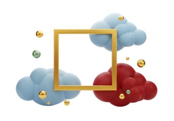 Golden square frame surrounded by fluffy clouds and shiny orbs in a dreamy cosmic scene for abstract backgrounds Tansparent Background