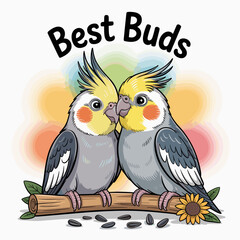 Obraz premium Pair of Cartoon Cockatiels Cuddling on Branch Vector