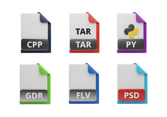 Modern file type icons for cpp tar py gor flv psd representing digital assets and software development in a clean design Tansparent Background