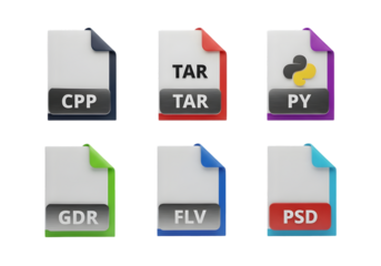 Modern file type icons for cpp tar py gor flv psd representing digital assets and software development in a clean design Tansparent Background