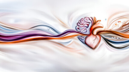 Heart and Mind Connection: An artistic abstract illustration with a central heart intertwined with a brain, rendered in flowing, vibrant colors.