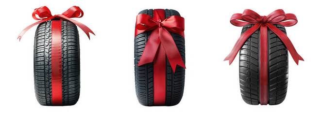 Three car tires decorated with red ribbons and bows, isolated on transparent background