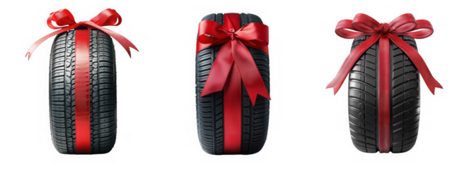 Three car tires decorated with red ribbons and bows, isolated on transparent background