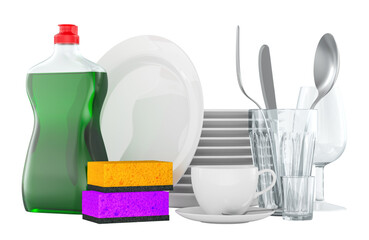 Detergent bottle, sponges, stacked plates, cup, cutlery and glassware, concept for cleaning and kitchen hygiene. 3D rendering