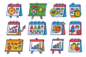 Colorful Business Schedules. Isometric vector illustration set Business schedules: project deadline board, sales meeting schedule,