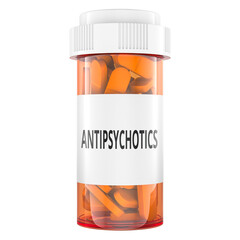 Antipsychotics medicine bottle, orange prescription pills. 3D rendering