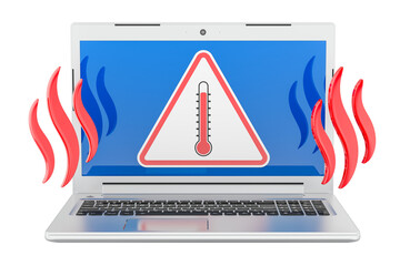 Overheating laptop warning, hot temperature alert. 3D rendering