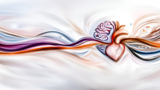 Heart and Mind Connection: An artistic abstract illustration with a central heart intertwined with a brain, rendered in flowing, vibrant colors.