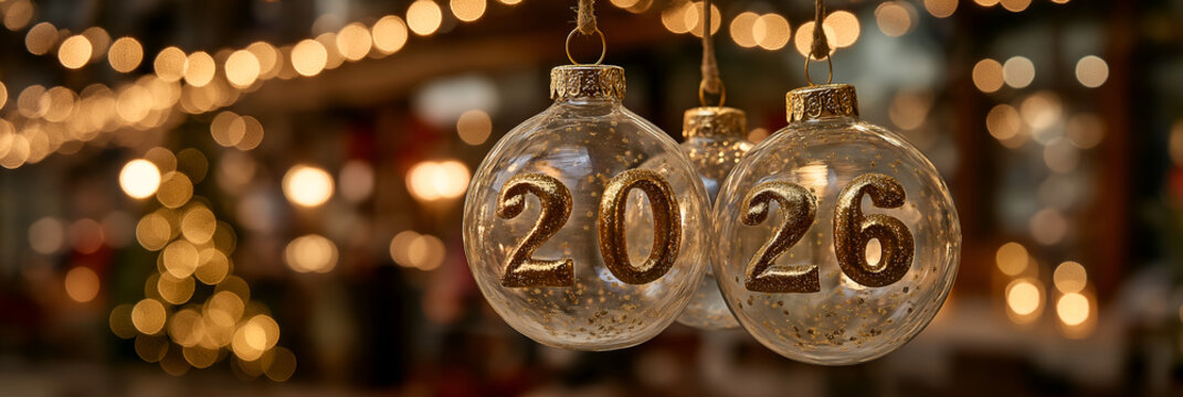 New Year's Eve 2026 Decorations: A captivating close-up view, illuminated by soft bokeh lights, features three exquisite glass ornaments delicately displaying the year 2026.