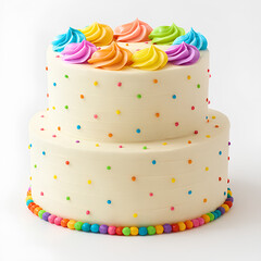 Colorful Two-Tier Celebration Cake with Sprinkles and Frosting Swirls on White Background
