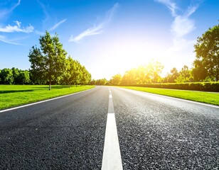 Empty road through a park on a sunny day