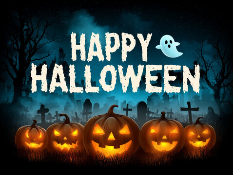 Klimatyczny obrazek z pięcioma upiornymi dyniami oświetlonymi od wewnątrz, na tle mglistego, mrocznego cmentarza i napisu "Happy Halloween" z uroczym duszkiem.