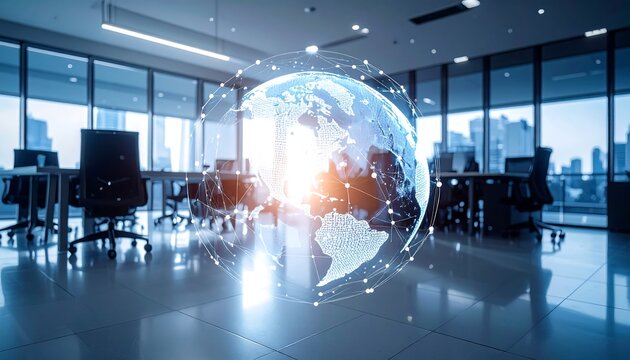 A modern office interior with a glowing digital globe suspended in the center, lines connecting nodes, blurred cityscape visible