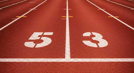 Close-up of starting line on a red athletics running track, sunlight casting strong contrast, symbol of motivation, beginning, and endurance, no people.