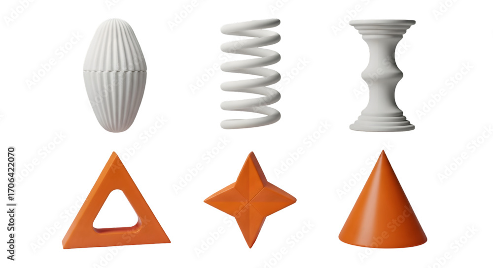 Poster collection of six geometric 3d objects including a white ellipsoid spring and cone alongside orange 