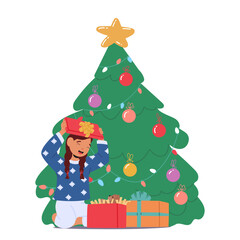 Surprised girl child cartoon character opening Christmas gifts feeling enjoyment and satisfaction