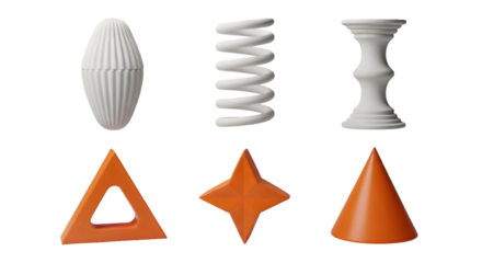 Collection of six geometric 3d objects including a white ellipsoid spring and cone alongside orange triangle star and cone shapes Tansparent Background