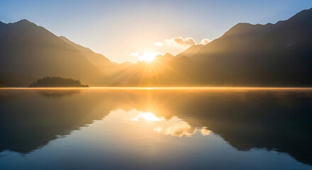 Fototapeta premium Lake reflecting sunrise between mountains with clouds and a small island on the horizon view ai generated