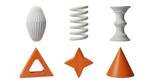 Collection of six geometric 3d objects including a white ellipsoid spring and cone alongside orange triangle star and cone shapes Tansparent Background
