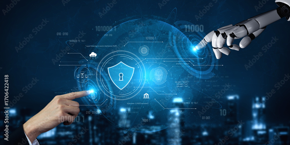 Poster ai securing digital infrastructure, analyzing biometric authentication, monitoring threats, and mana