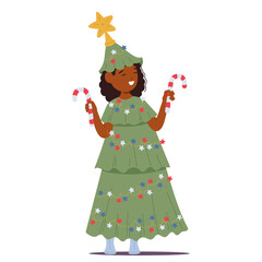 Happy smiling girl child cartoon character in decorated winter holiday fir tree Christmas costume