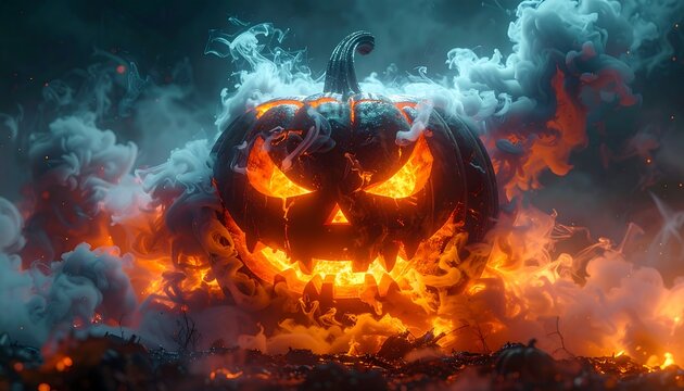 Glowing jack-o'-lantern in fiery smoke - Powered by Adobe